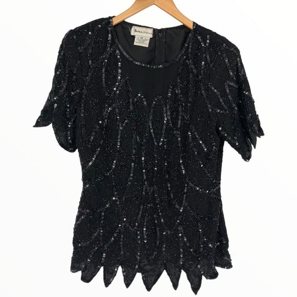 80’s Vintage Stenay Black Beaded Flapper Gatsby Zigzag Hem Short Sleeve Blouse - Picture 1 of 13